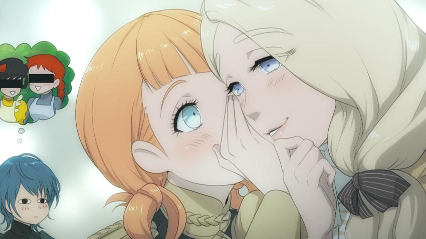 1boy 4girls annette_fantine_dominic blonde_hair blue_eyes blue_hair male_byleth_(fire_emblem) censored censored_identity closed_mouth fire_emblem fire_emblem:_three_houses imagining long_hair mercedes_von_martritz multiple_girls nichihamueasler nintendo orange_hair parted_lips short_hair simple_background whispering