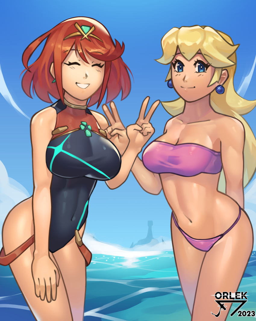 2girls absurdres aqua_gemstone bare_arms bikini black_one-piece_swimsuit blonde_hair blue_eyes breasts chest_jewel cleavage collarbone covered_navel earrings floating_earring gem hand_up highres jewelry large_breasts long_hair mario_(series) medium_breasts multiple_girls nintendo ocean one-piece_swimsuit orlek pink_bikini princess_peach pyra_(pro_swimmer)_(xenoblade) pyra_(xenoblade) red_hair red_one-piece_swimsuit short_hair smile sphere_earrings strapless strapless_bikini swept_bangs swimsuit tiara two-tone_swimsuit v xenoblade_chronicles_(series) xenoblade_chronicles_2