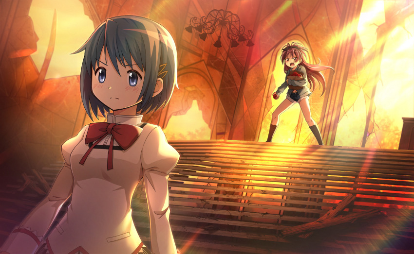 2girls apple black_socks blue_eyes blue_hair bow bowtie chandelier commentary english_commentary food fruit game_cg hair_ornament hairclip highres holding holding_food holding_fruit indoors juliet_sleeves kneehighs legs_apart light_rays long_sleeves mahou_shoujo_madoka_magica mahou_shoujo_madoka_magica_magia_exedra miki_sayaka mitakihara_school_uniform multiple_girls official_art open_mouth puffy_sleeves red_bow red_bowtie red_hair ruins sakura_kyoko school_uniform short_hair socks stairs standing sunbeam sunlight walking_away