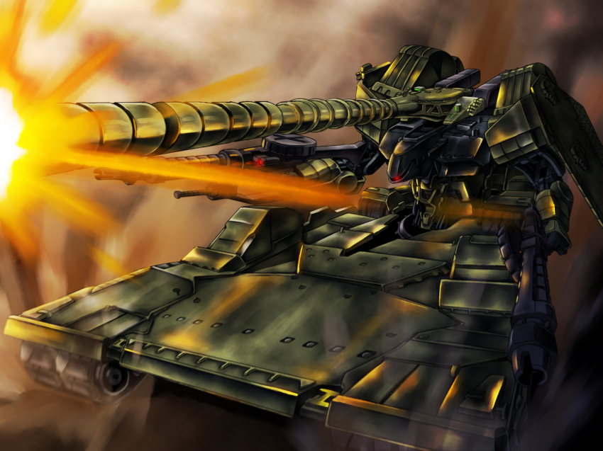 dual_wielding firing gun gundam gundam_ms_igloo highres hildolfr holding masakatsu_(xg-70b) mecha military military_vehicle motor_vehicle robot tank vehicle weapon