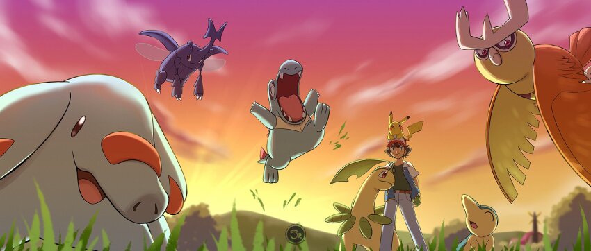1boy ash_ketchum baseball_cap bayleef belt bird black_hair commentary cyndaquil dawn denim english_commentary flying game_freak gen_1_pokemon gen_2_pokemon gloves green_gloves hat heracross highres jeans jumping looking_at_viewer male_focus nintendo noctowl on_grass on_head open_mouth outdoors owl pants phanpy pikachu pokemon pokemon_(anime) pokemon_(classic_anime) pokemon_(creature) pokemon_on_head red_eyes sergiromero sharp_teeth short_hair smile standing sunlight teeth totodile