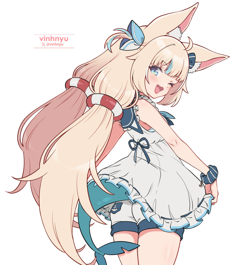 1girl ;d ahoge animal_ear_fluff animal_ears blonde_hair blue_eyes blue_hair blue_sailor_collar blunt_bangs cat_ears commentary dress fang fins fish_girl fish_tail frilled_shirt_collar frills highres indie_virtual_youtuber lifebuoy_hair_ornament long_hair looking_at_viewer low_twintails multicolored_hair one_eye_closed open_mouth sailor_collar sameko_saba scrunchie short_shorts shorts skirt_hold sleeveless sleeveless_dress smile solo streaked_hair symbol-only_commentary tail twintails very_long_hair vinhnyu virtual_youtuber white_dress white_hair white_shorts wrist_scrunchie