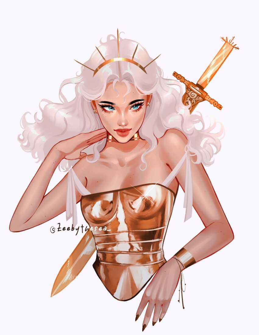 1girl aqua_eyes armlet armor breasts brown_nails cropped_torso double_strap_slip earrings eyelashes fingernails forehead gold_armlet gold_armor gold_choker gold_earrings gold_hairband hairband hand_on_own_neck head_down highres jewelry long_fingernails long_hair looking_to_the_side mole mole_on_arm mole_on_breast mole_on_hand multiple_moles nail_polish off_shoulder original parted_bangs spiked_hairband spikes sword sword_on_back thick_eyebrows thick_lips twitter_username upper_body wavy_hair weapon weapon_on_back white_hair zeebythesea