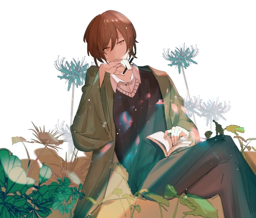 1boy black_pants black_sweater blue_flower blue_spider_lily book brown_hair chinese_commentary closed_mouth coat collared_shirt commentary_request flower green_coat harada_mutei long_sleeves male_focus open_book open_clothes open_coat orange_eyes pants saibou_shinkyoku shirt short_hair sitting solo spider_lily sweater white_shirt wide_sleeves yitilianliu
