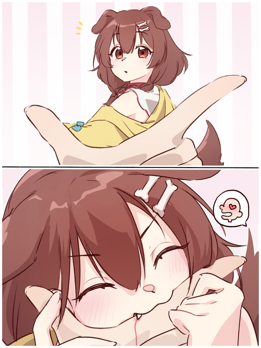 1boy 1girl animal_ears biting biting_another&#039;s_finger blue_ribbon blush bone bone_hair_ornament brown_eyes brown_hair cartoon_bone closed_eyes commentary_request dog_ears dog_girl dog_tail hair_between_eyes hair_ornament hairclip heart highres hololive inugami_korone jacket jacket_partially_removed listener_(inugami_korone) looking_at_viewer medium_hair off_shoulder open_mouth ribbon spoken_heart tail virtual_youtuber yellow_jacket