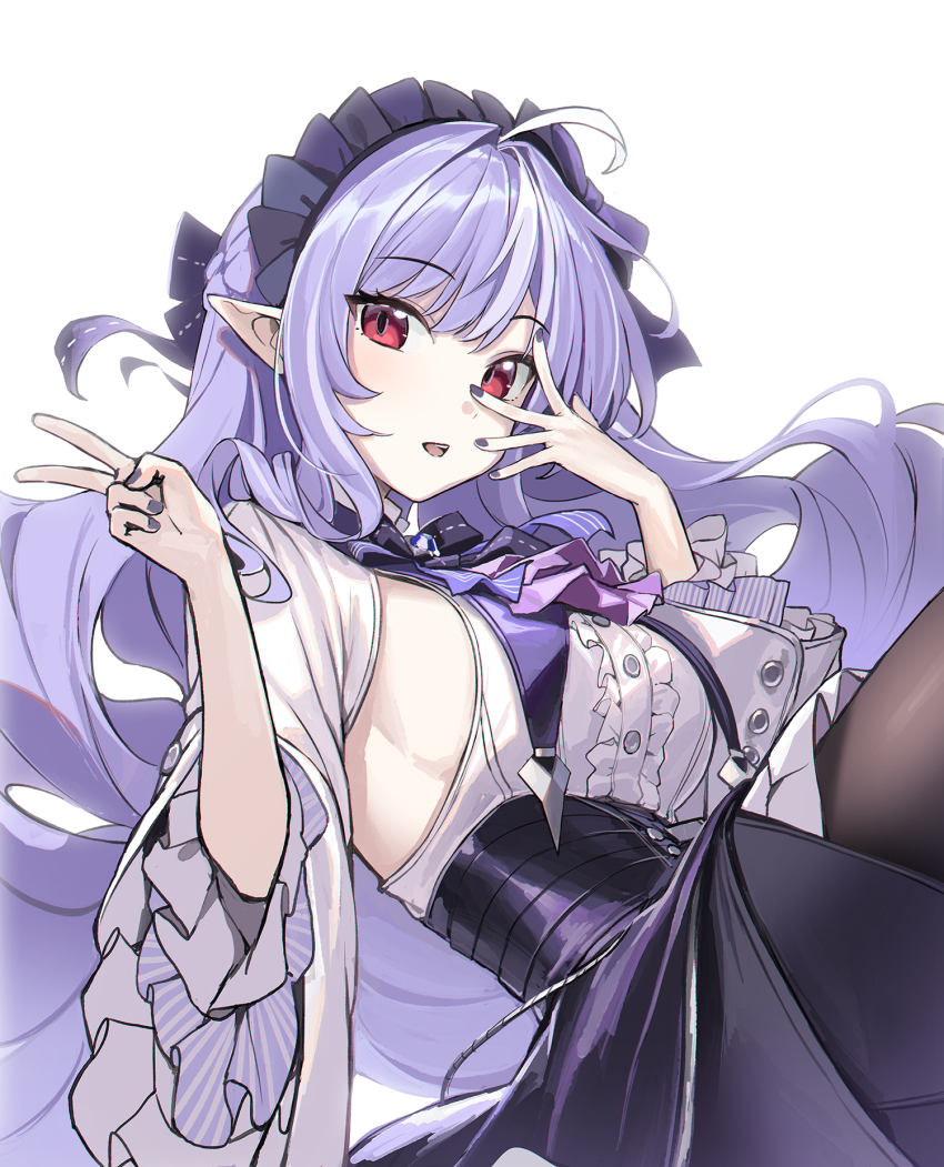 1girl ahoge ascot black_nails bow bowtie center_frills frills gem hairband highres long_hair looking_at_viewer pointy_ears purple_ascot purple_bow purple_bowtie purple_gemstone purple_hair purple_hairband red_eyes shrug_(clothing) sideboob_cutout solo upper_body v vivian_banshee white_background white_shrug yohaku zenless_zone_zero