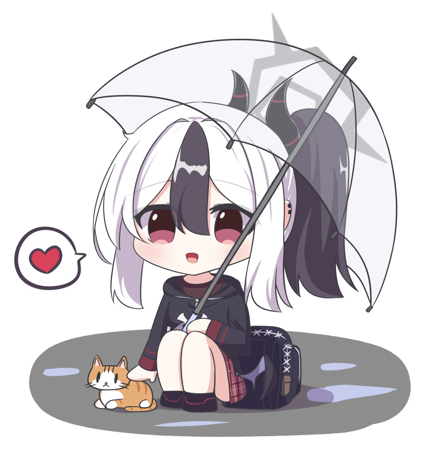 1girl absurdres black_bag black_hair black_hoodie black_horns blue_archive cat chaleu chibi commentary_request demon_horns ear_piercing hair_between_eyes halo heart highres holding holding_umbrella hood hoodie horns kayoko_(blue_archive) korean_commentary looking_at_viewer multicolored_hair open_mouth petting piercing red_eyes sidelocks solo spoken_heart squatting transparent transparent_umbrella two-tone_hair umbrella white_hair