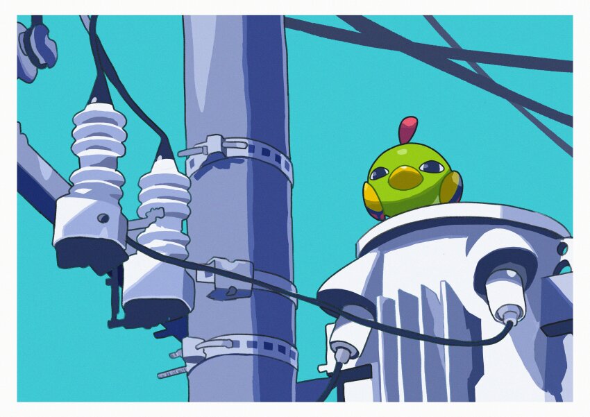 absurdres bird black_eyes cable closed_mouth commentary gen_2_pokemon highres lamppost natu nintendo no_humans outdoors pokemon pokemon_(creature) saiku_(zvlku) screw sitting wire