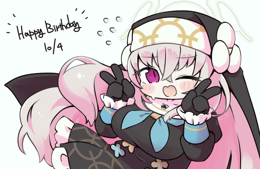 1girl black_dress black_gloves blue_archive blue_neckerchief blush_stickers breasts chibi dated double_v dress frilled_dress frills gloves grey_background hair_between_eyes halo hands_up happy_birthday highres large_breasts long_hair miranofuudoria neckerchief nun one_eye_closed open_mouth pink_hair purple_eyes sakurako_(blue_archive) simple_background solo sweat v veil very_long_hair wavy_mouth