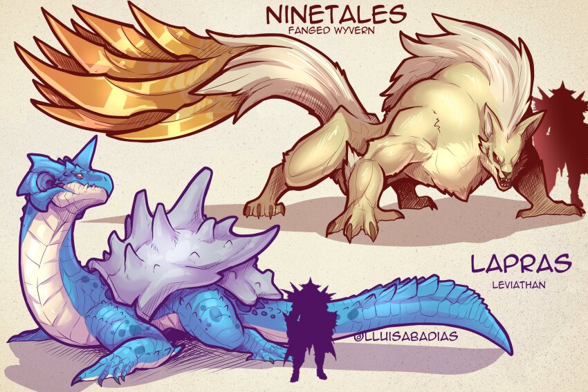 absurdres full_body gen_1_pokemon highres horns lapras lluisabadias monster_hunter_(series) multiple_tails ninetales nintendo open_mouth pokemon pokemon_(creature) single_horn size_comparison spiked_shell tail turtle_shell two-tone_fur