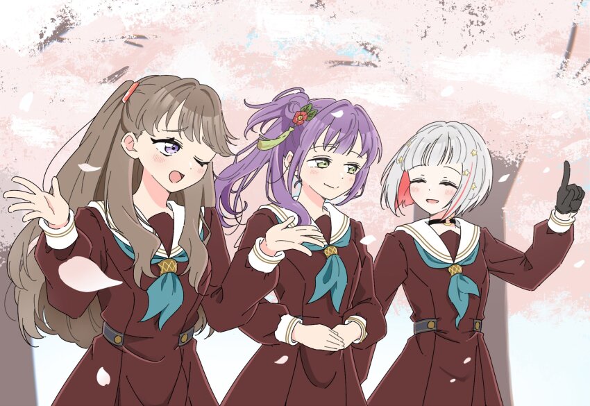 3girls :d ;d ^_^ aqua_neckerchief black_choker black_gloves bob_cut brown_dress brown_hair cherry_blossoms choker closed_eyes closed_mouth commentary_request diagonal_bangs dress fujishima_megumi gloves green_eyes grey_hair hair_ornament half-closed_eyes half_gloves hasu_no_sora_school_uniform highres index_finger_raised inverted_bob link!_like!_love_live! llkapital long_hair long_sleeves looking_at_another love_live! multicolored_hair multiple_girls neckerchief o-ring o-ring_choker one_eye_closed open_mouth otomune_kozue outdoors own_hands_together pleated_dress purple_eyes purple_hair sailor_collar sailor_dress school_uniform short_hair shrugging smile split_mouth star_(symbol) star_hair_ornament streaked_hair tree two_side_up virtual_youtuber white_sailor_collar winter_uniform yugiri_tsuzuri