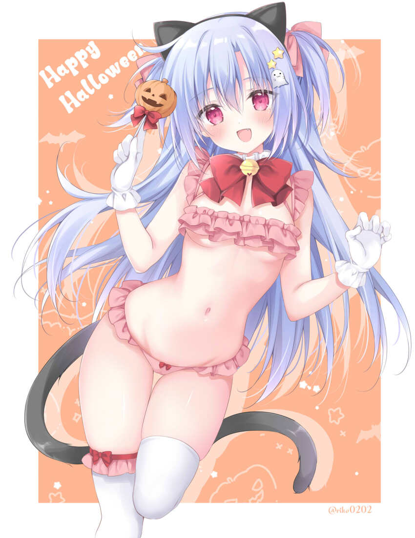 1girl amazing_grace_-what_color_is_your_attribute?- animal_ear_hairband animal_ears bare_arms bell bikini blush bow bowtie breasts cat_ears cat_girl cat_tail fake_animal_ears gloves hairband halloween happy_halloween highres holding jingle_bell korie_riko long_hair looking_at_viewer navel open_mouth orange_background pink_bikini red_bow red_bowtie red_eyes small_breasts solo stomach swimsuit tail thighhighs thighs underboob very_long_hair white_gloves white_thighhighs yune_(amazing_grace)