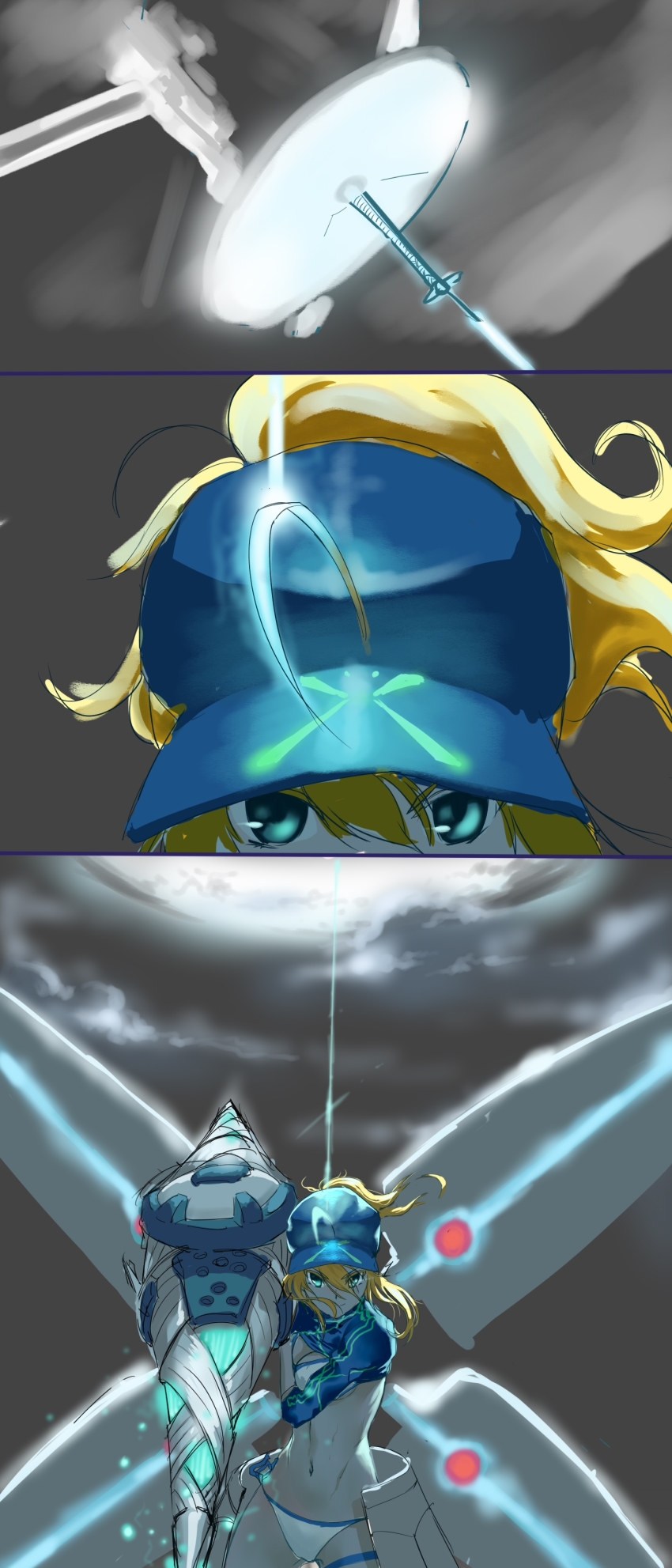 1girl absurdres after_war_gundam_x ahoge artoria_pendragon_(fate) baseball_cap beam bikini blonde_hair dabingdan fate/grand_order fate_(series) green_eyes gundam hat highres moon mysterious_heroine_x_(fate) mysterious_heroine_xx_(fate) name_connection orbital_weaponry ponytail rhongomyniad_(fate) satellite satellite_cannon shrug_(clothing) space_weapon swimsuit twinmyniad_(fate)