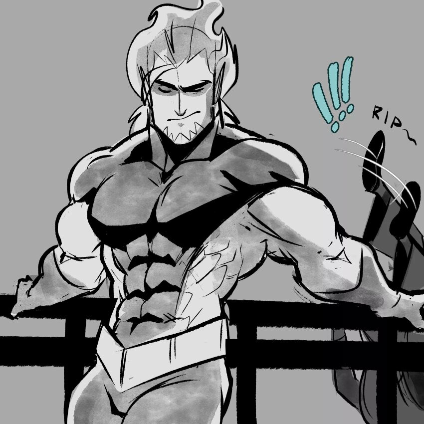 ! !! 1boy 1girl abs biceps bodysuit closed_mouth commentary covered_pectorals danny_phantom dark_danny english_commentary facial_hair falling fire_hair flame_hair flaming_hair flats frown gloves goatee greyscale highres jasmine_fenton krossan long_hair long_sleeves manly mature_male monochrome multicolored_bodysuit muscular muscular_arms muscular_male pants pectorals pointy_ears ponytail shirt tight_clothes