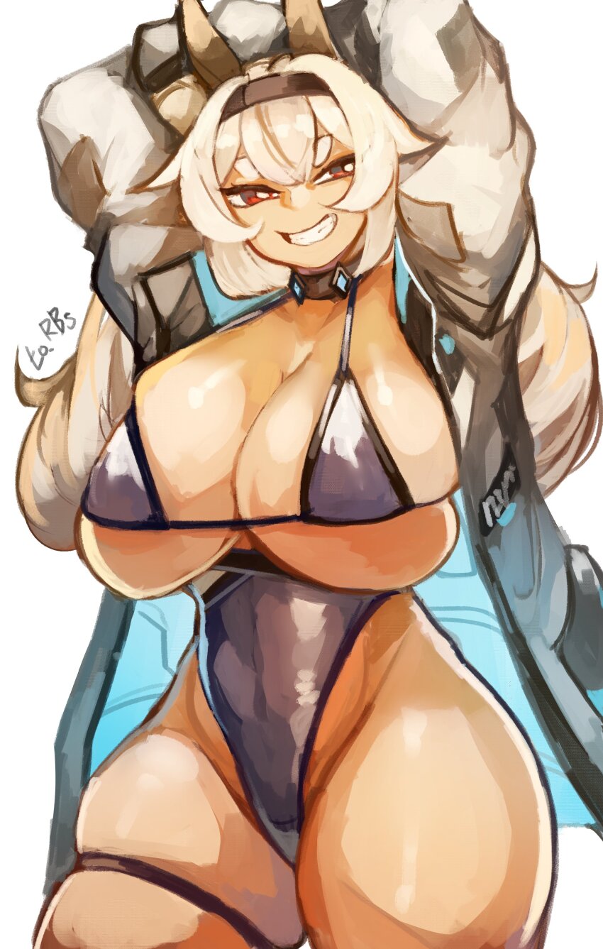 1girl absurdres alvis_(last_origin) bikini breasts character_request collar cowboy_shot curvy female_focus grin half-closed_eyes highres huge_breasts jacket larribee last_origin leotard micro_bikini red_eyes skindentation smile solo standing swimsuit thick_thighs thighs white_hair wide_hips