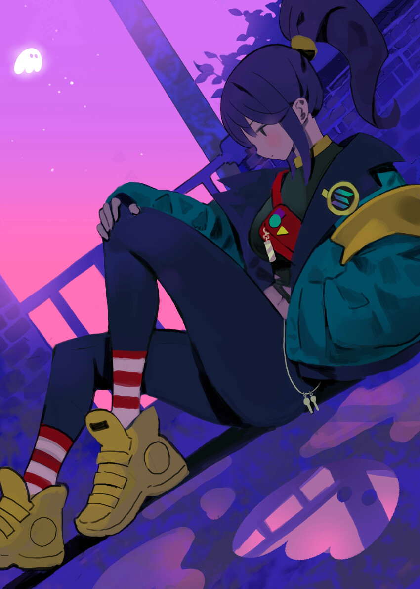 1girl absurdres aqua_jacket arowana2111 black_gloves black_shirt breasts brick_wall closed_mouth commentary crop_top fence fingerless_gloves ghost gloves gradient_sky hand_in_pocket hand_on_own_knee highres jacket long_sleeves medium_breasts medium_hair midriff navel on_ground open_clothes open_jacket original plant ponytail purple_hair purple_sky red_socks shirt shoes sidelocks sitting sky socks solo star_(sky) starry_sky striped_clothes striped_socks white_socks yellow_shoes