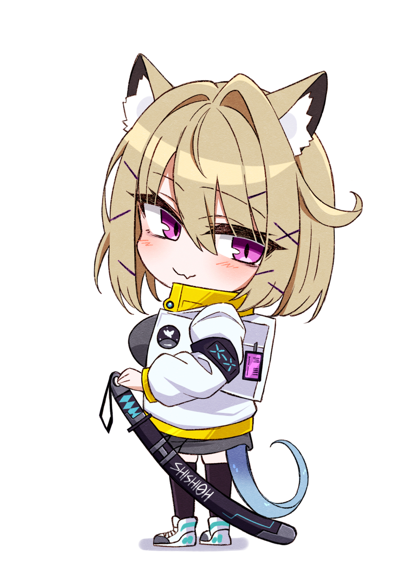 1girl animal_ear_fluff animal_ears arknights black_thighhighs blonde_hair blue_tail blush breasts chibi chibi_only closed_mouth commentary_request fang full_body hair_between_eyes hair_intakes hair_ornament hairclip highres infection_monitor_(arknights) jacket katana long_sleeves looking_at_viewer maiq06 no_nose purple_eyes sheath sheathed short_hair simple_background skin_fang smile solo standing sword tail thighhighs utage_(arknights) weapon white_background white_jacket x_hair_ornament