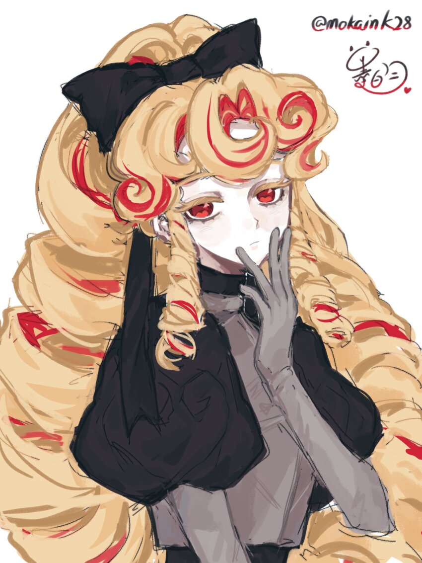 1girl alternate_color alternate_costume black_bow black_choker black_shirt blonde_hair bow choker colored_eyelashes cookie_run cookie_run:_kingdom curly_hair gloves grey_gloves hair_bow highres humanization kouign-amann_cookie long_hair looking_at_viewer mokaink28 multicolored_hair pale_skin puffy_short_sleeves puffy_sleeves red_eyes red_hair red_streaks shirt short_sleeves simple_background solo upper_body very_long_hair white_background