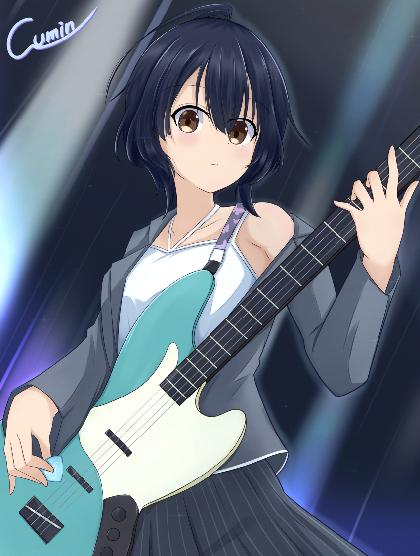 1girl 22/7 absurdres artist_name bass_guitar blue_hair brown_eyes closed_mouth collarbone cowboy_shot dark_blue_hair fender_jazz_bass grey_jacket guitar_strap highres holding holding_plectrum instrument jacket long_sleeves looking_at_viewer pleated_skirt plectrum shirt short_hair single_bare_shoulder skirt sleeveless solo sparkle stage_lights takigawa_miu takumitu_711 white_shirt