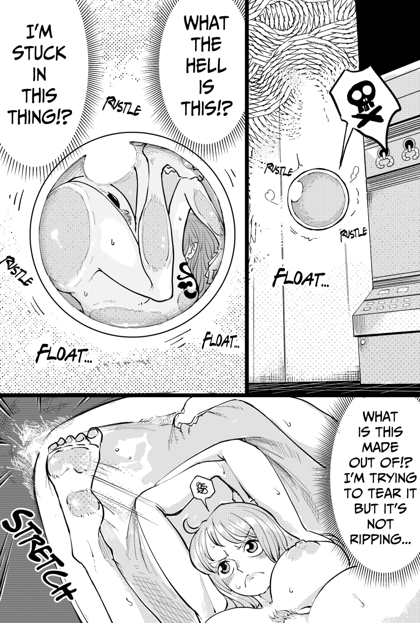 1girl absurdres ass breasts bubble completely_nude english_text feet greyscale hato_hato_hato highres huge_ass large_breasts monochrome nami_(one_piece) nami_(one_piece)_(egghead) nipples nude one_piece open_mouth pussy restrained speech_bubble thick_thighs thighs