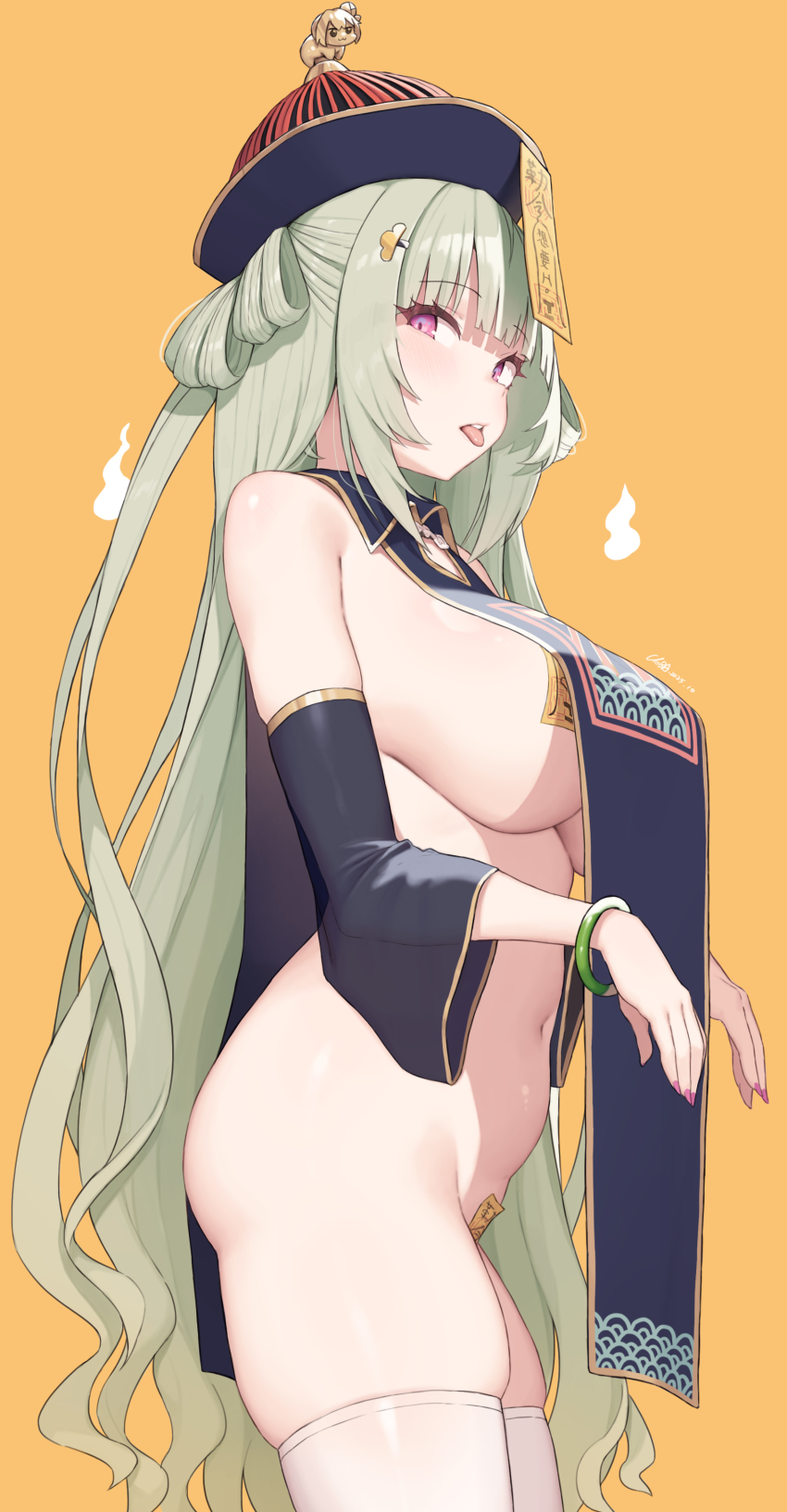 1girl absurdres bare_shoulders black_sleeves black_tabard breasts cloba commentary cowboy_shot detached_sleeves from_side ghost_pose goddess_of_victory:_nikke gold_trim hat highres large_breasts long_hair looking_at_viewer maebari naked_tabard navel ofuda ofuda_on_nipples ofuda_on_pussy pasties purple_eyes qingdai_guanmao revealing_clothes sideboob simple_background soda_(nikke) solo stomach tabard thighs tongue tongue_out very_long_hair yellow_background