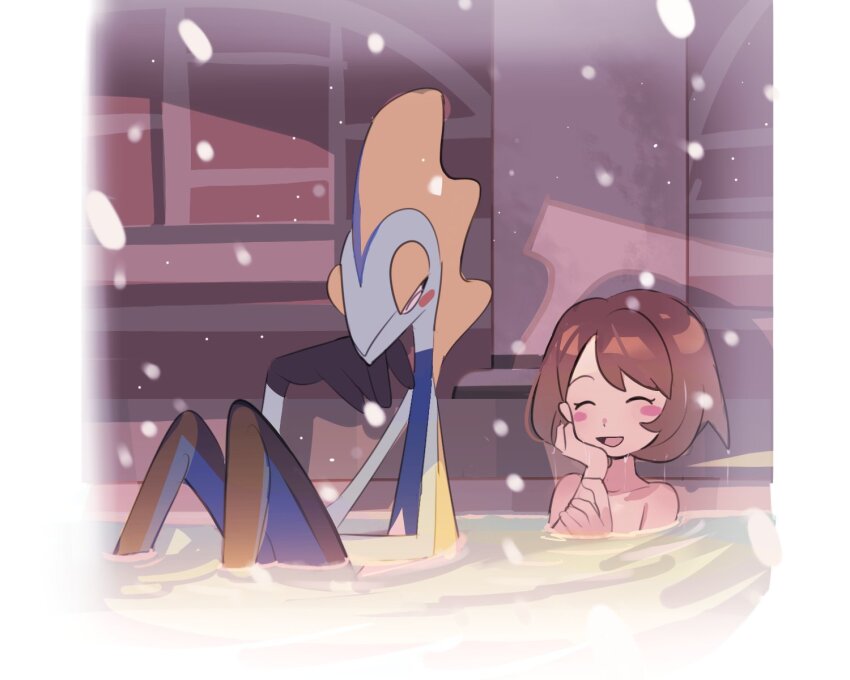 1girl :d bathing blush_stickers brown_hair closed_eyes collarbone commentary gen_8_pokemon gloria_(pokemon) happy highres inteleon nintendo nude open_mouth partially_underwater_shot pillarboxed pokemon pokemon_(creature) pokemon_swsh short_hair smile snowing suikaels symbol-only_commentary water wet