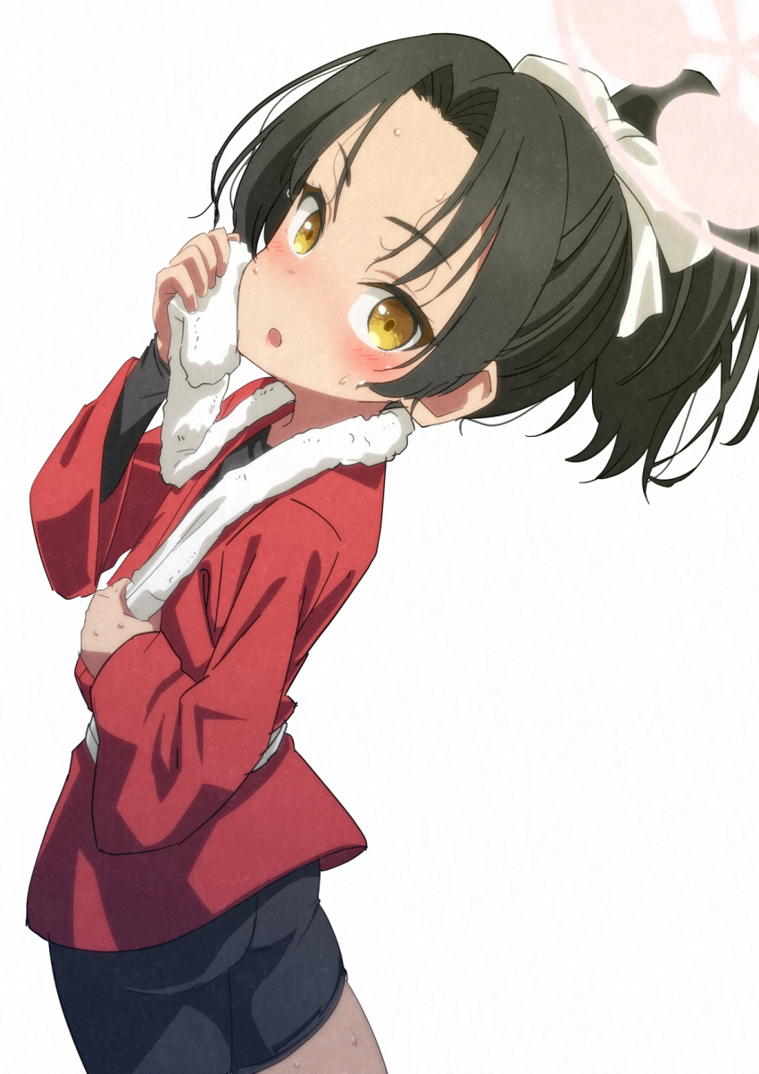 1girl bike_shorts black_hair black_shirt blue_archive blush curtained_hair dark-skinned_female dark_skin hair_ribbon halo hand_on_own_face hand_up happi high_ponytail highres japanese_clothes long_hair long_sleeves looking_at_viewer looking_back mukai open_mouth ponytail ribbon rickshaw_student_(blue_archive) shirt simple_background solo sweat towel towel_around_neck white_background white_ribbon wiping_sweat yellow_eyes