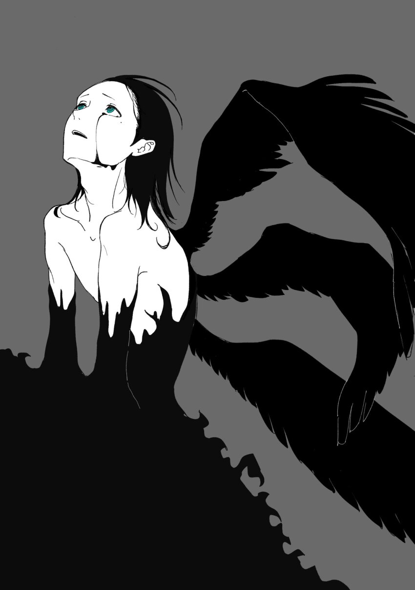 1boy blue_eyes collarbone crying crying_with_eyes_open feathered_wings grey_background greyscale hair_slicked_back highres looking_up male_focus mochizuki_ryouji mole mole_under_eye monochrome multiple_wings nude open_mouth otoko_haza persona persona_3 ringed_eyes sideburns simple_background solo spoilers spot_color streaming_tears tears wings