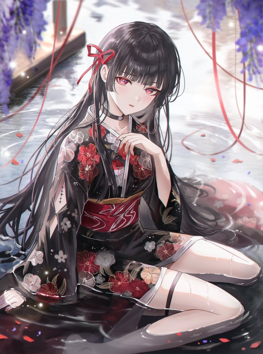 1girl absurdres alternate_costume arm_cutout arm_support black_choker black_kimono breasts chisa_(wuthering_waves) choker clothing_cutout collarbone commentary fractalmagnolia hair_ribbon highres japanese_clothes kimono long_sleeves looking_at_viewer medium_breasts obi parted_lips red_eyes red_ribbon ribbon sash sitting sitting_on_water solo tacet_mark_(wuthering_waves) thigh_strap wuthering_waves yokozuwari