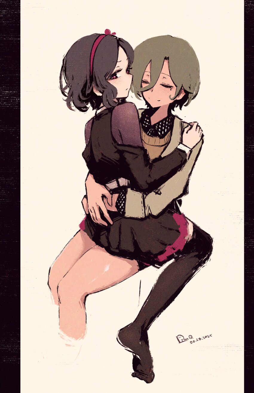 2girls absurdres belt black_dress black_thighhighs brown_hair brown_jacket brown_sweater_vest closed_eyes closed_mouth commentary dress ebizuka_tomo english_commentary girls_band_cry grey_hair hair_between_eyes highres jacket long_hair_between_eyes mole mole_under_eye multiple_girls no_shoes red_eyes rnna rupa_(girls_band_cry) short_hair sitting sitting_on_lap sitting_on_person sweater_vest thighhighs white_belt yuri