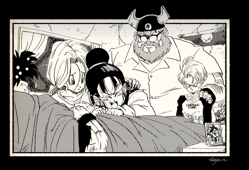 2girls 3boys alternate_universe arm_hair artist_name bad_end beard black_border border bulma bulma_(future) capsule_corp chi-chi_(dragon_ball) closed_eyes corpse death dragon_ball dragonball_z facial_hair fake_horns father_and_daughter fenyon glasses grandfather_and_grandson greyscale gyuu_mao hair_bun halftone hand_on_another&#039;s_shoulder highres horned_headwear horns injury long_sleeves monochrome mother_and_son mourning multiple_boys multiple_girls night opaque_glasses open_mouth parted_bangs parted_lips picture_frame scratches side_part sobbing son_gohan son_gohan_(future) tearing_up torn_clothes trunks_(dragon_ball) trunks_(future)_(dragon_ball) wristband