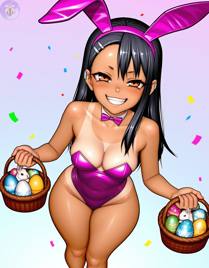 animal_costume basket black_hair breasts bunny_girl dark-skinned_female dark_skin easter easter_egg egg female_pervert highres long_hair nagatoro_hayase pervert presenting rabbit rabbit_costume rabbit_ears sexually_suggestive smile