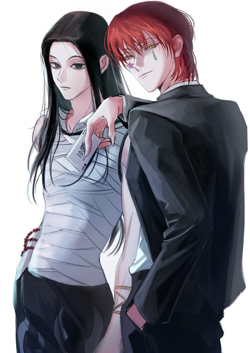 2boys black_eyes black_hair black_jacket black_pants bracelet card facepaint fingernails hand_in_pocket hand_on_another&#039;s_shoulder highres hisoka_morow holding holding_card hunter_x_hunter illumi_zoldyck jacket jewelry jz88 light_smile long_hair looking_at_viewer multiple_boys pants red_hair sharp_fingernails shirt sleeveless sleeveless_shirt white_background white_shirt yellow_eyes