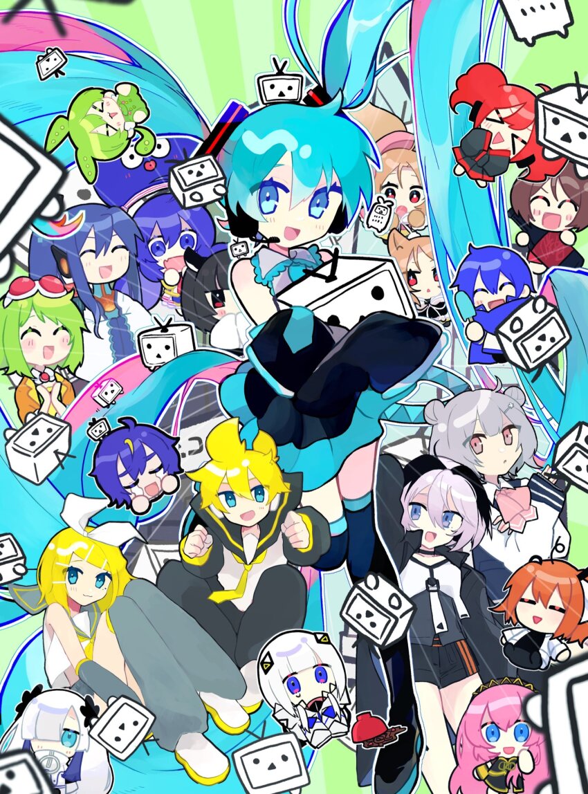 6+girls adachi_rei black_footwear black_hair black_pants black_sailor_collar black_sleeves blonde_hair blue_eyes blue_hair blue_skirt boots bottle bowl brown_hair cevio character_request chibi closed_eyes detached_sleeves double_bun food full_body goggles goggles_on_head green_hair grey_hair grey_pants gumi hair_between_eyes hair_bun hair_over_one_eye hatsune_miku highres kafu_(cevio) kagamine_len kagamine_rin kaito_(vocaloid) kamui_gakupo kasane_teto koharu_rikka long_bangs long_hair looking_at_viewer megurine_luka meiko_(vocaloid) multiple_girls necktie niconico noodles open_mouth orange_hair otomachi_una pants pink_hair popsicle purple_eyes purple_hair red_eyes red_hair sailor_collar shirt short_hair skirt smile takamiya_yuu television terebi-chan thigh_boots touhoku_kiritan udon upper_body utau very_long_hair vocaloid voiceroid voicevox white_hair white_shirt wine_bottle yellow_necktie zipper zundamon