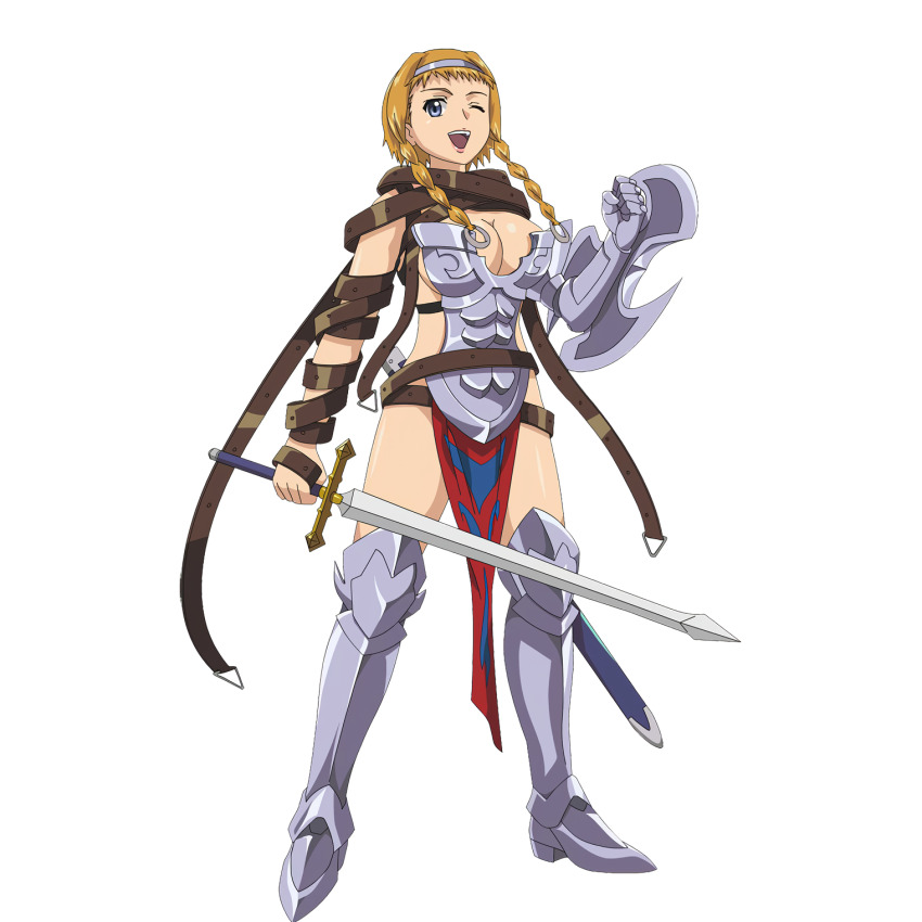 00s 1girl armor blonde_hair blue_eyes braid breastplate breasts buckle cleavage curvy full_body gauntlets hairband headband highres hisayuki_hirokazu holding holding_sword holding_weapon large_breasts leina_(queen&#039;s_blade) looking_at_viewer looking_to_the_side official_art queen&#039;s_blade revealing_clothes scan shiny_skin side_braid solo standing sword thong twin_braids weapon wide_hips