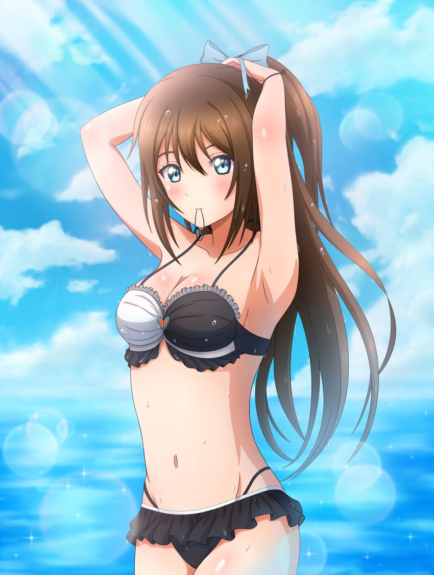 1girl absurdres adjusting_bow aqua_bow aqua_eyes artist_name artist_request bare_shoulders beamed_quavers bikini bikini_skirt black_bikini blue_eyes blue_sky blush bow bracelet breasts brown_hair cloud collarbone day female_focus frilled_bikini frills hair_between_eyes half_updo heart heart_(symbol) heart_print high_ponytail highres jewelry long_hair looking_at_viewer love_live! love_live!_nijigasaki_high_school_idol_club mouth_hold multicolored_bikini navel ocean osaka_shizuku outdoors parted_lips ponytail quaver sky small_breasts smile solo sparkle sunlight swimsuit two-tone_bikini wet wet_hair white_bikini