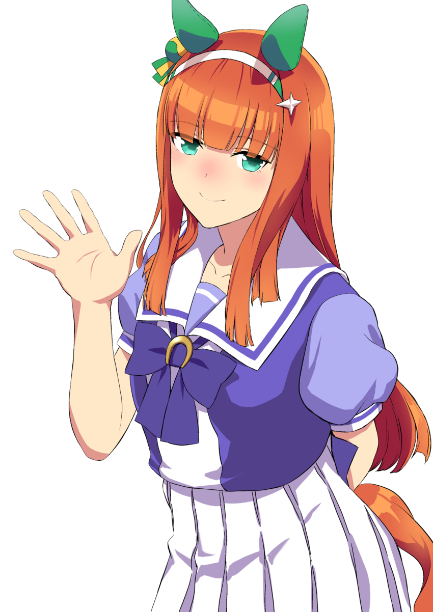 1girl animal_ears aqua_eyes arm_behind_back back_bow blunt_bangs blush bow breasts closed_mouth commentary_request cowboy_shot ear_covers ear_ornament hair_ornament hairband hakase_yurisuki headband highres hime_cut horse_ears horse_girl long_hair looking_at_viewer puffy_short_sleeves puffy_sleeves purple_bow ribbon school_uniform short_sleeves silence_suzuka_(umamusume) simple_background small_breasts smile solo tracen_school_uniform umamusume waving white_background white_hairband