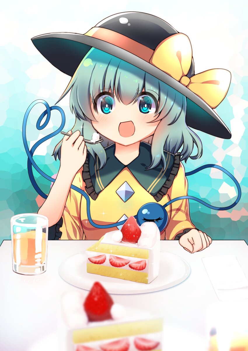 1girl :d absurdres aqua_eyes aqua_hair black_hat blouse blurry blush bow buttons cake cake_slice commentary_request commission cream cup depth_of_field diamond_button drink drinking_glass eyes_visible_through_hair food fork frilled_shirt_collar frilled_sleeves frills fruit hair_between_eyes happy hat hat_bow heart heart_of_string highres holding holding_fork juice koishi_day komeiji_koishi long_hair long_sleeves looking_at_viewer open_mouth orange_juice plate rapameri shirt skeb_commission smile solo sparkle split_mouth strawberry strawberry_cake strawberry_shortcake third_eye touhou upper_body yellow_bow yellow_shirt