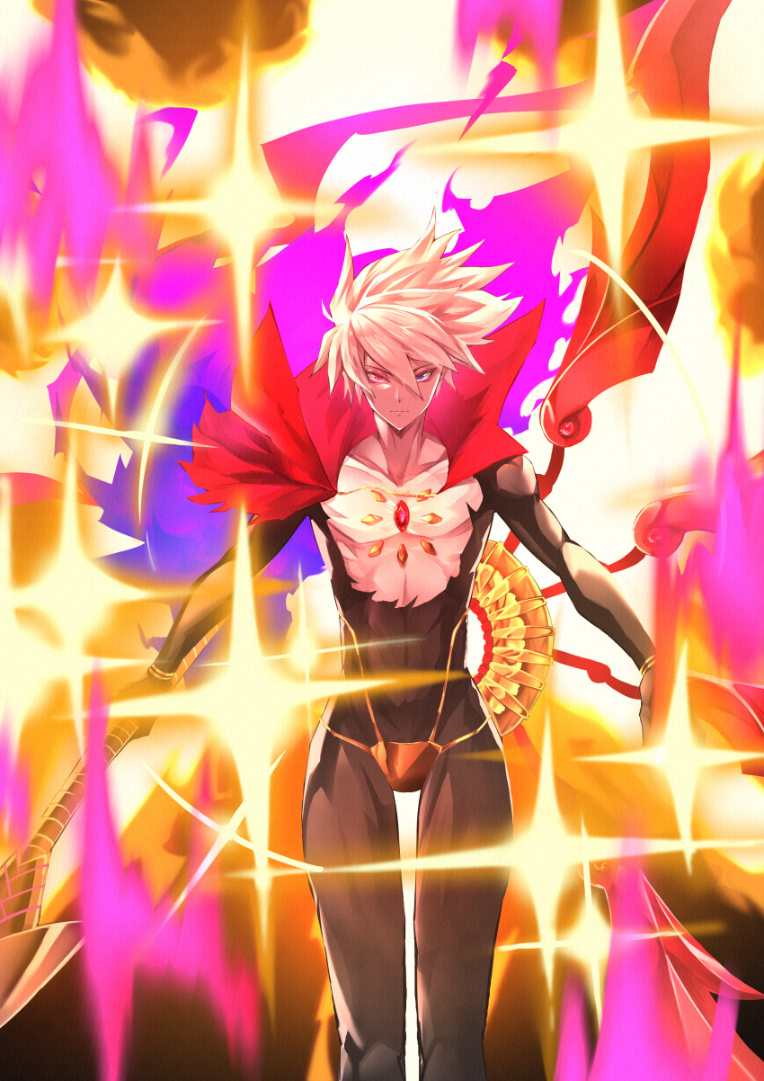 1boy absurdres blue_eyes chest_jewel fate/grand_order fate_(series) heterochromia highres karna_(fate) looking_at_viewer majinno male_focus outstretched_arms solo sparkle spiked_hair spread_arms straight-on