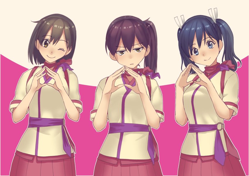 10s 3girls ascot blue_eyes blue_hair brown_eyes brown_hair cowboy_shot flight_attendant hair_ribbon hand_gesture highres hiryuu_(kancolle) hiryuu_(peach)_(kancolle) kaga_(kancolle) kantai_collection long_hair looking_at_viewer masukuza_j multiple_girls peach_(airline) red_skirt ribbon short_hair side_ponytail skirt souryuu_(kancolle) souryuu_(peach)_(kancolle) standing travel_attendant twintails uniform