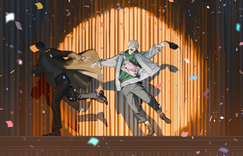 2boys bag blackbox_(blackbox9158) boots censored censored_identity cloak closed_eyes confetti curtains drop_shadow full_body green_hoodie grin hat holding holding_unworn_clothes holding_unworn_hat hood hood_down hoodie jacket motion_blur multiple_boys original running shared_handcuffs short_hair smile spotlight stage standing standing_on_one_leg unworn_hat unworn_headwear white_cloak white_hair white_jacket