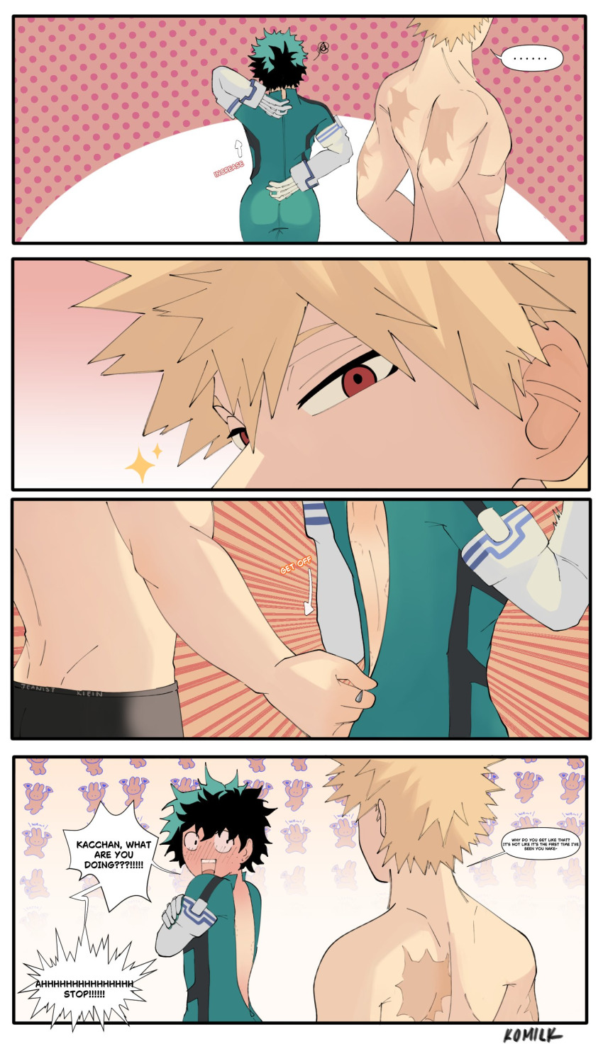 4koma _komilk abs absurdres bakudeku bakugou_katsuki bare_back bite_mark blonde_hair blush boku_no_hero_academia comic curvy dressing embarrassed freckles green_eyes green_hair highres midoriya_izuku no_shirt pectorals red_eyes scar yaoi