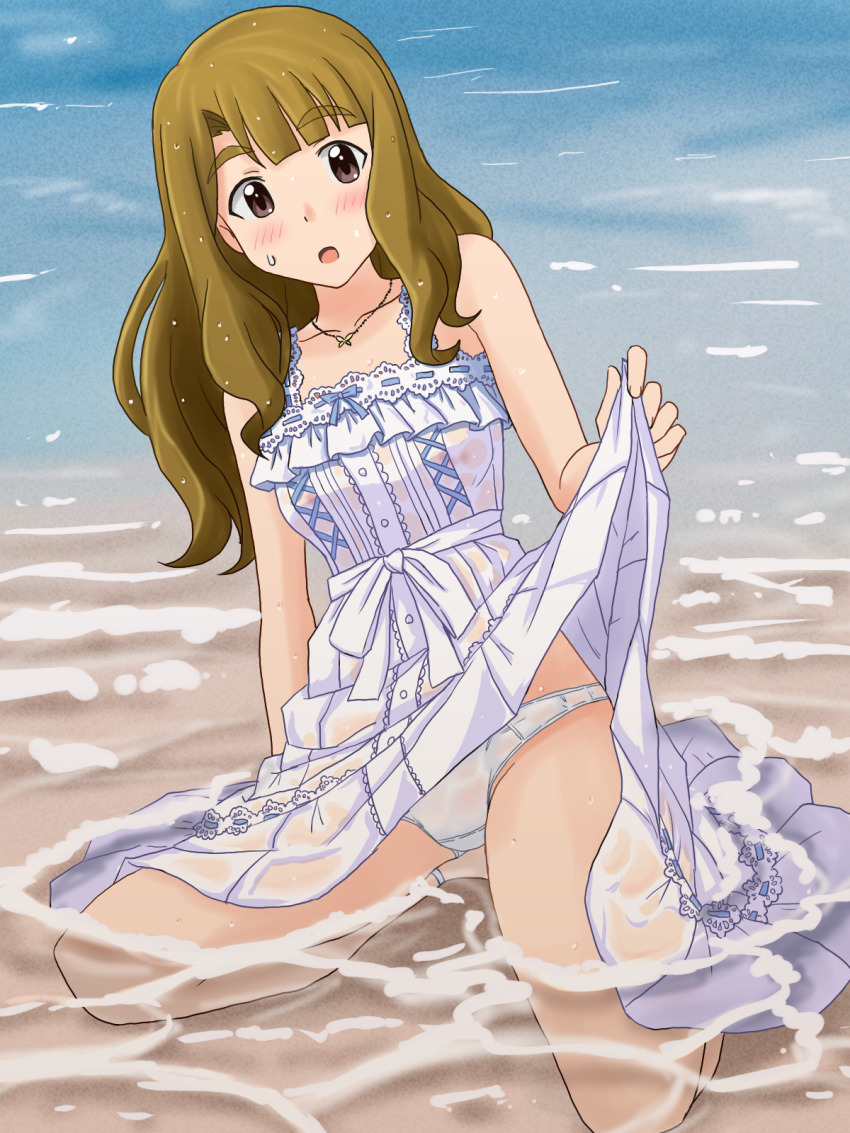 1girl blush brown_eyes brown_hair clothes_lift commentary crotch_seam day dress dress_lift highres idolmaster idolmaster_million_live! idolmaster_million_live!_theater_days jewelry kneeling lielos lifting_own_clothes light_frown long_hair looking_at_viewer medium_dress miyao_miya necklace open_mouth outdoors panties pure_onepiece_(idolmaster) sleeveless sleeveless_dress solo sundress sweatdrop underwear wading water wet wet_clothes white_dress white_panties