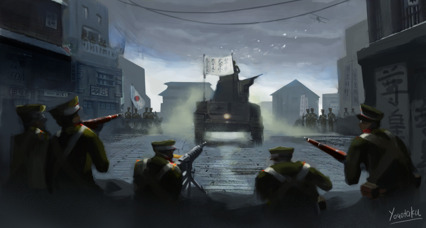 aircraft airplane biplane brick_wall building flag gun heavy_machine_gun highres holding holding_gun holding_weapon house imperial_japanese_army japanese_flag machine_gun military_uniform military_vehicle motor_vehicle original rifle road scenery shouwa tank town tripod type_89_i-gou type_92_(heavy_machine_gun) weapon youotaku