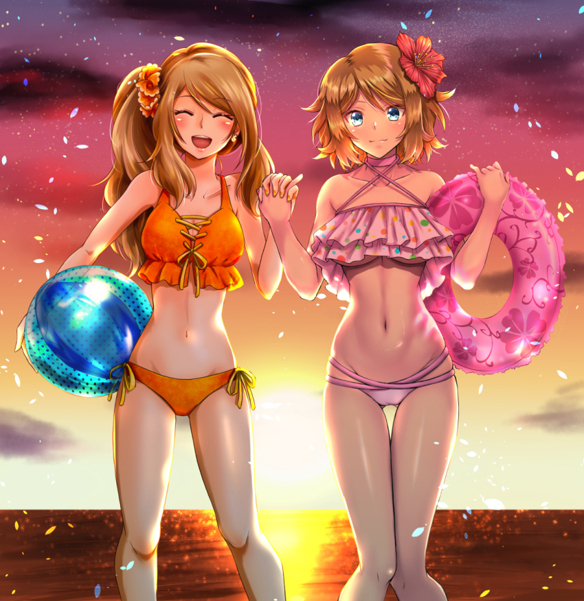 2girls asymmetrical_hair ball beachball bikini breasts brown_hair closed_eyes cloud collarbone criss-cross_halter dual_persona facing_viewer flower groin hair_flower hair_ornament halterneck highres holding holding_ball holding_hands in-franchise_crossover innertube interlocked_fingers knees_together_feet_apart long_hair looking_at_viewer medium_breasts multi-strapped_bikini multiple_girls nail_polish nintendo ocean orange_bikini orange_nails outdoors pink_bikini pokemon pokemon_(anime) pokemon_xy pokemon_xy_(anime) polka_dot polka_dot_bikini polka_dot_bikini_top red_flower ribbon serena_(pokemon) shiny_skin short_hair side-tie_bikini_bottom side_ponytail sky standing sunset swim_ring swimsuit takecha thigh_gap twilight underboob yellow_ribbon