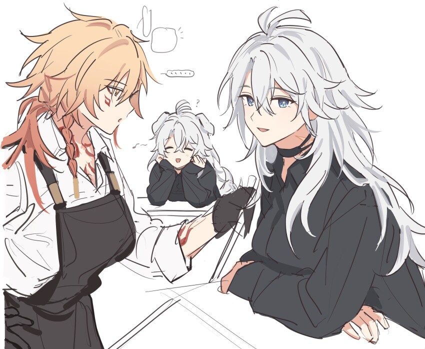 ... 3girls apron black_apron black_gloves black_shirt blonde_hair blue_eyes braid character_request chest_tattoo collared_shirt facial_tattoo genderswap genderswap_(mtf) gloves hair_between_eyes head_on_hands highres holding honkai:_star_rail honkai_(series) kn0ckbac long_hair long_sleeves multiple_girls mydei_(honkai:_star_rail) open_mouth phainon_(honkai:_star_rail) shirt side_braid smile spoken_ellipsis tattoo white_hair