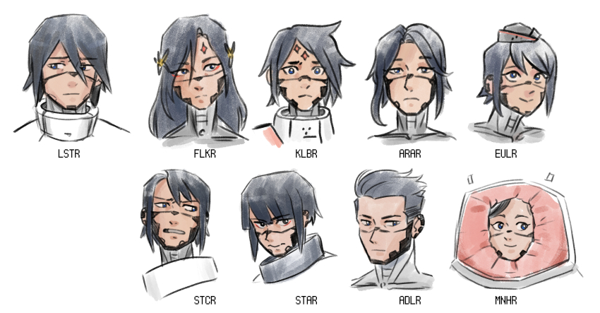 1boy 6+girls absurdres adler_(signalis) android ara_(signalis) armor beret black_hair character_name reference_sheet clenched_teeth commentary elster_(signalis) english_commentary eule_(signalis) facial_mark falke_(signalis) grey_hat hat helmet highres kolibri_(signalis) long_hair looking_afar looking_at_viewer medium_hair multiple_girls mynah_(signalis) omnlet robot_girl short_hair sidelocks signalis simple_background star_(signalis) storch_(signalis) teeth upper_body white_background