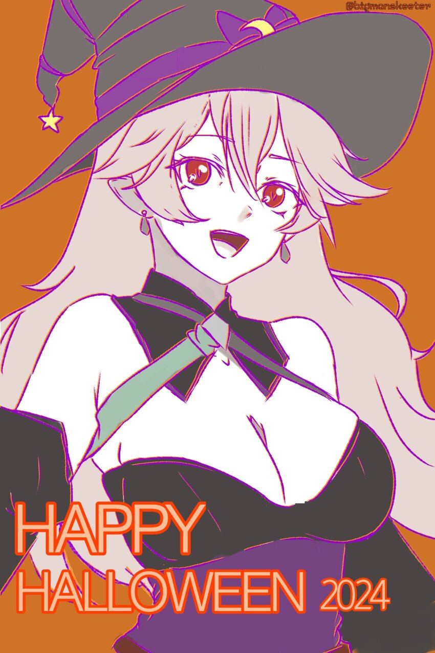 1girl 2024 bigmanskeeter breasts cleavage corrin_(female)_(fire_emblem) corrin_(female)_(halloween)_(fire_emblem) fire_emblem fire_emblem_fates fire_emblem_heroes halloween halloween_costume happy_halloween hat highres large_breasts looking_at_viewer nintendo official_alternate_costume open_mouth pointy_ears witch witch_hat