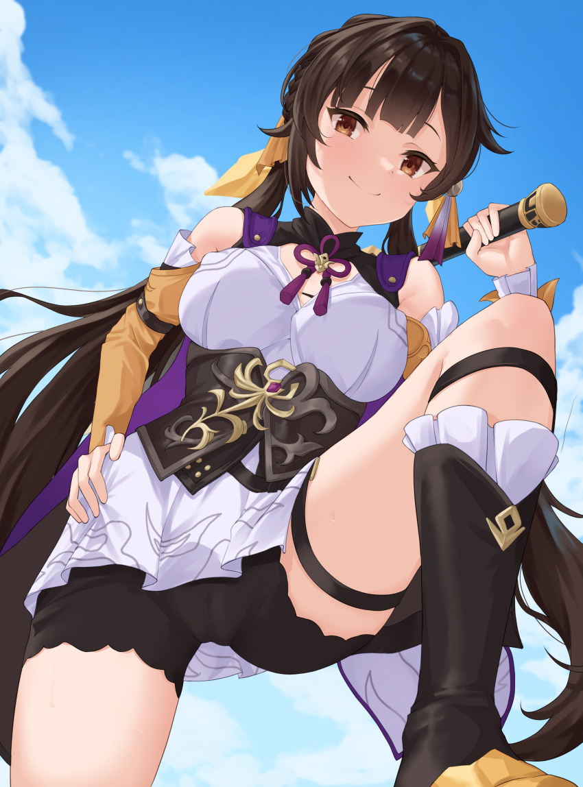 1girl absurdres bare_shoulders black_shorts blue_sky boots breasts brown_eyes brown_hair cameltoe china_dress chinese_clothes closed_mouth cloud commentary commission day dress english_commentary from_below gueya hand_on_own_hip highres holding holding_sword holding_weapon honkai:_star_rail honkai_(series) long_hair looking_at_viewer medium_breasts outdoors shorts sky smile solo sushang_(honkai:_star_rail) sword twintails weapon white_dress
