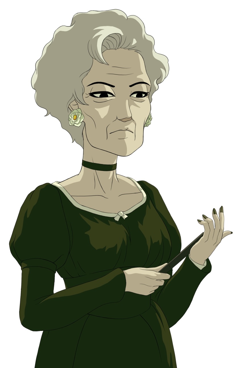 1girl bara_to_tsubaki black_eyes breasts cheekbones dress earrings flower_earrings folding_fan frown green_dress hand_fan high-waist_dress highres holding holding_fan jewelry medium_breasts naramura official_art old old_woman short_hair solo tsubakikoji_hanae upper_body white_hair